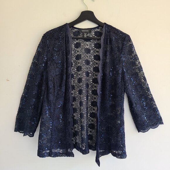 Lace Sequin Open Front Top 14 Dark Blue Floral Cardigan Topper Witchcore Evening - Picture 2 of 10